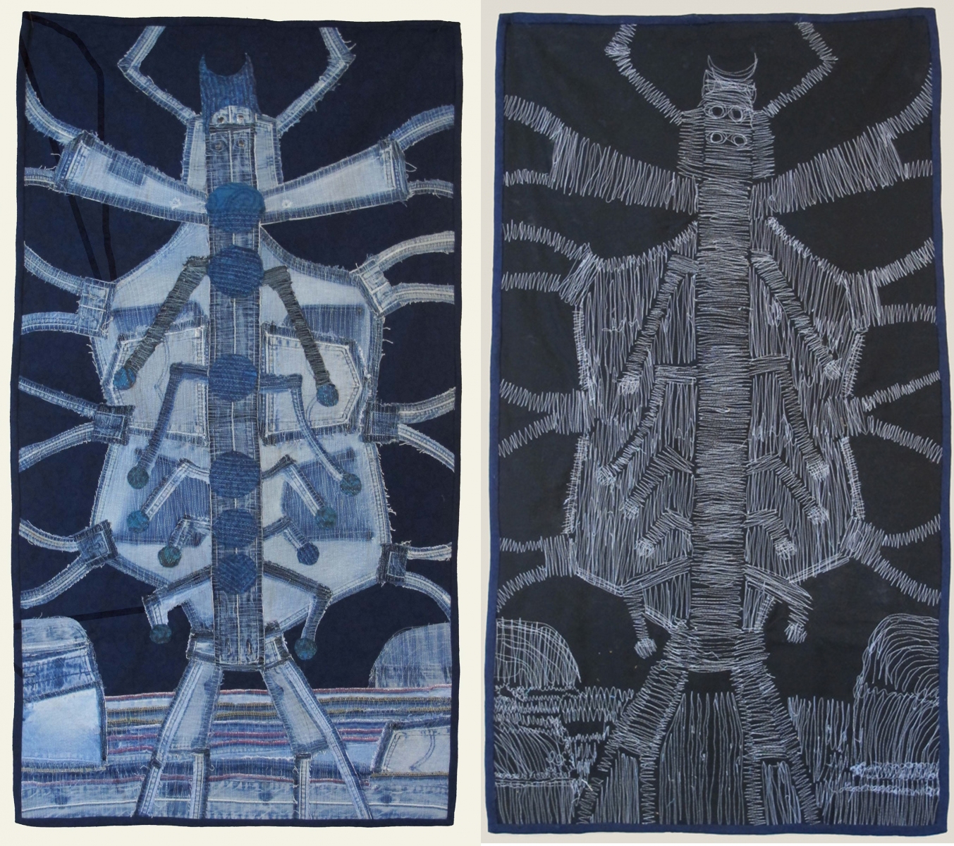 Pandemic # 3, Denim Mined Series. 2020, 31 ½” x 57”. Recycled denim and Indian fabrics, applique, machine stitched. Front/back. $2000