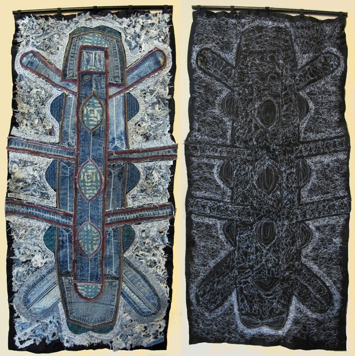 Pandemic # 4, Denim Mined Series. 2020, 23” wide x 47”. Recycled denim and Indian fabrics, applique, machine stitched. Front/back.$2000